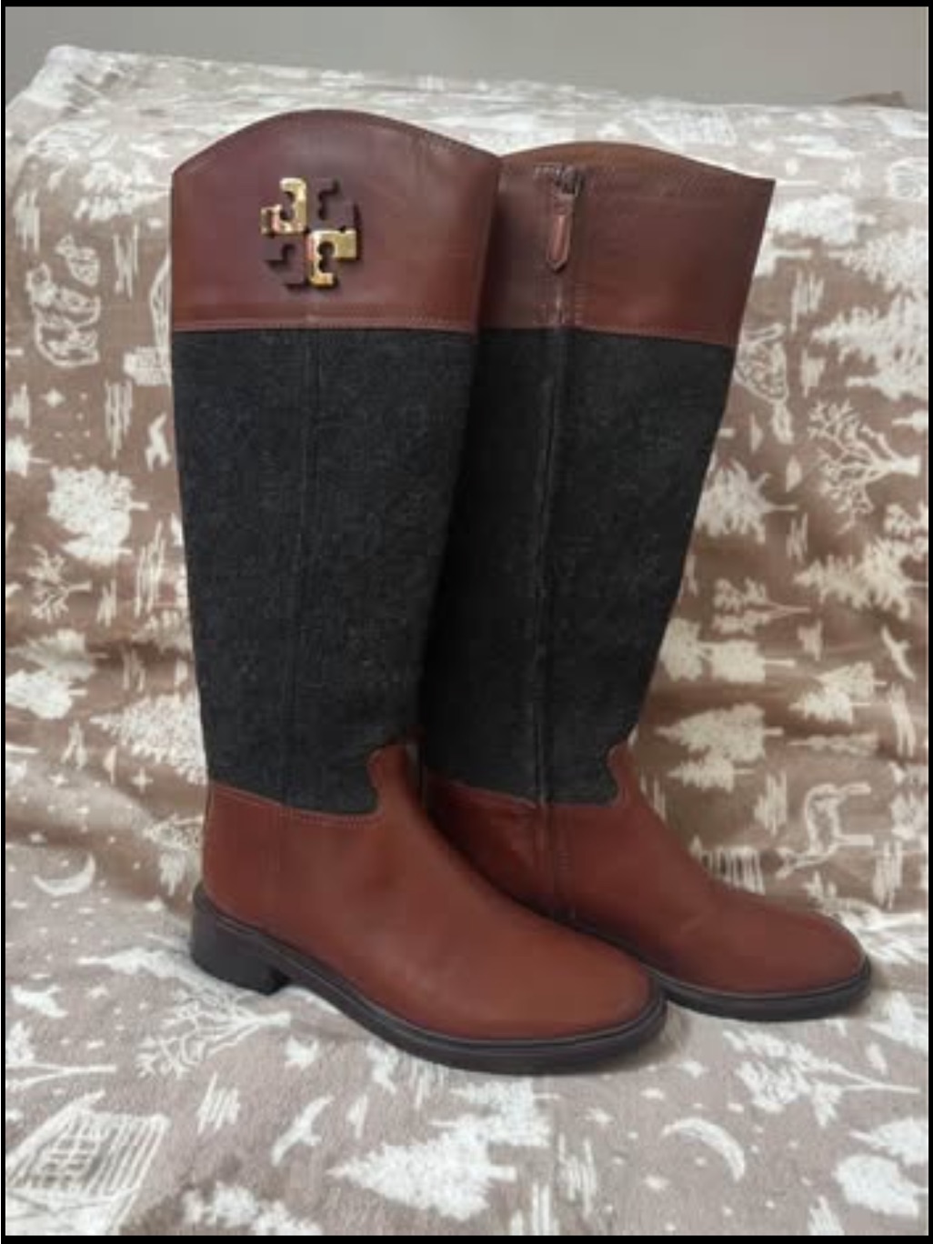Tory Burch Brown Leather And Gray Wool Boots